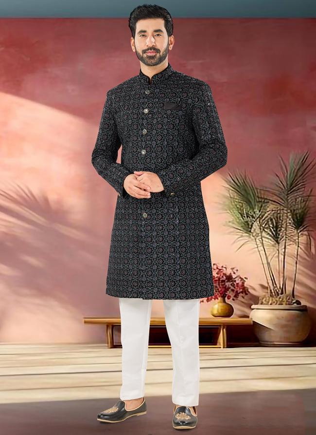 Velvet Grey Wedding Wear Embroidery Work Readymade Sherwani